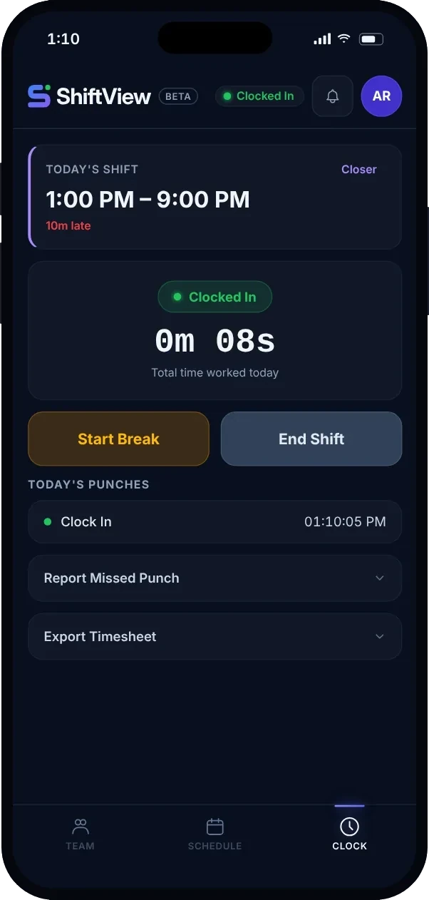 ShiftView time clock on a phone, clocked in with a running timer.