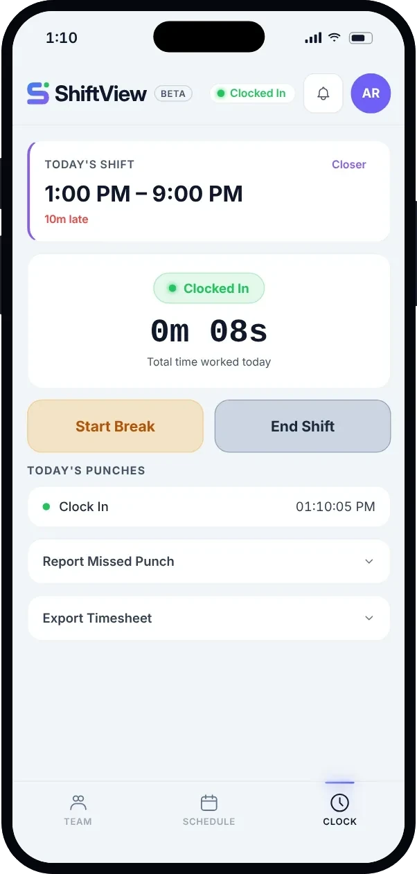 ShiftView time clock on a phone, clocked in with a running timer.